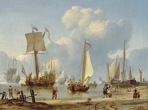 Navires en eau calme avec des figures sur le rivage